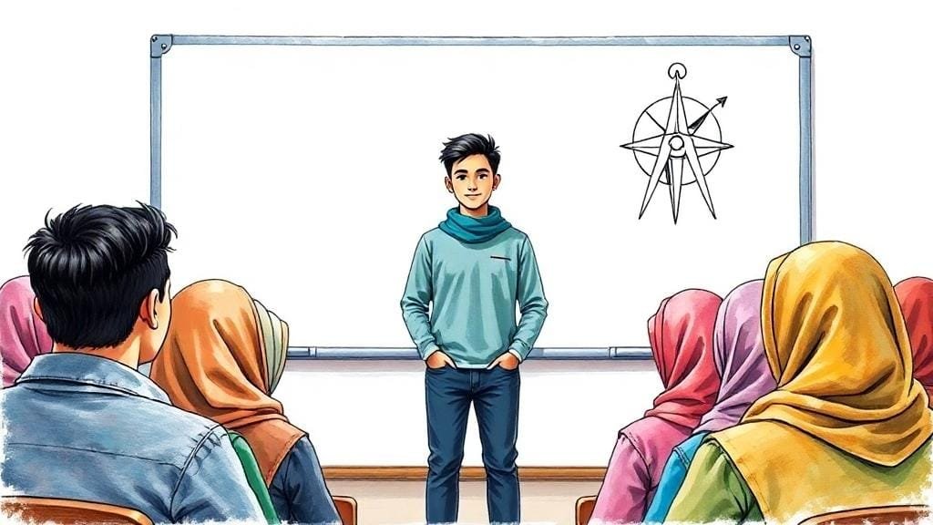 طالب جامعي يقف بثقة أمام زملائه يقدم خلاصة نقاش حول عزوف طلاب الجامعات، مع بوصلة مرسومة في الخلفية ترمز لاكتشاف الذات.