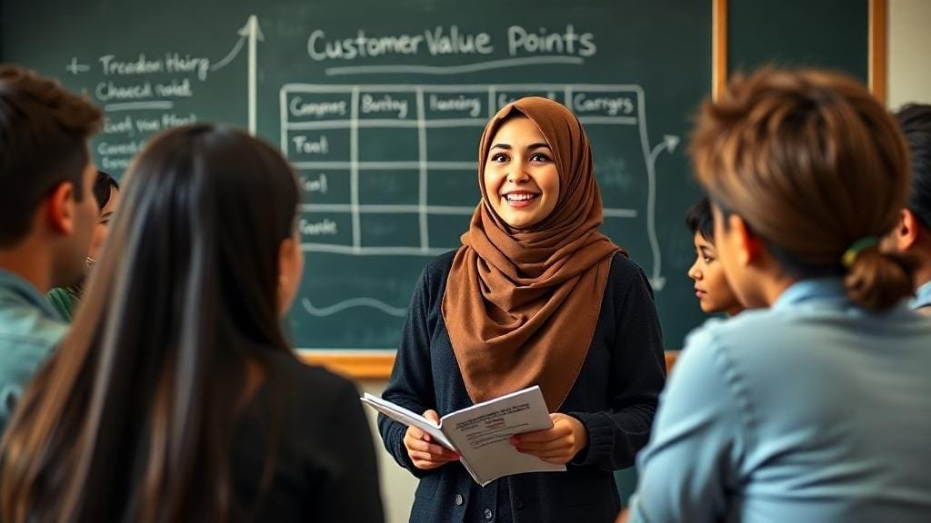 طالبة تحكي قصة واقعية عن قيمة العميل أمام زملائها، في نقاش تفاعلي ملهم داخل قاعة جامعية
