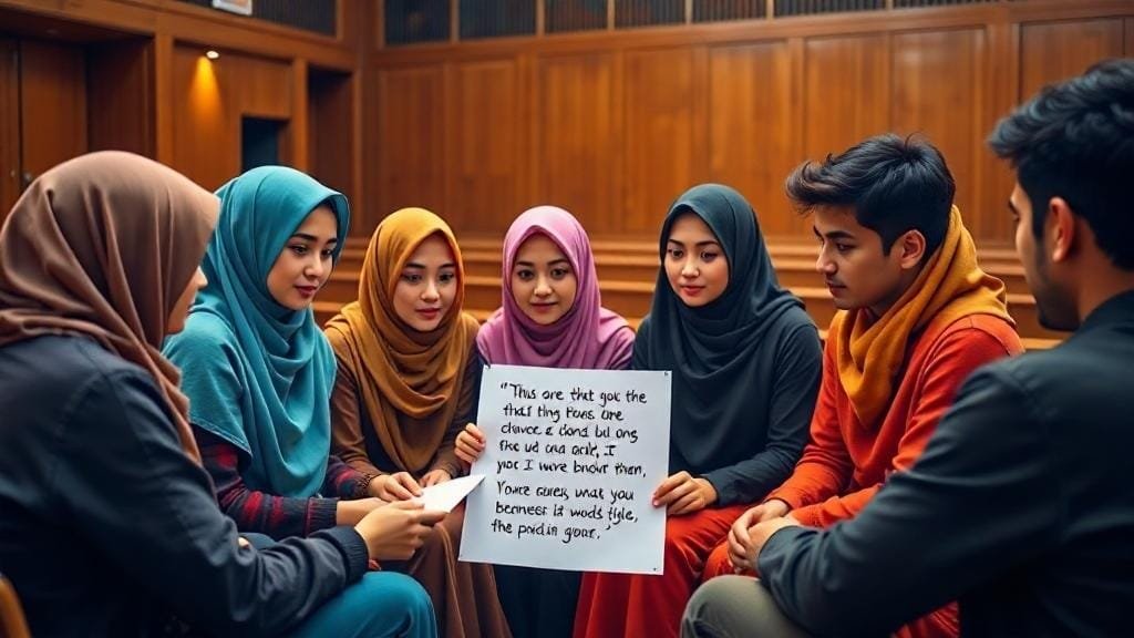 طلاب جامعيون يستمعون باهتمام إلى زميلهم الذي يقرأ اقتباسًا ملهمًا خلال نقاش حول عزوف الطلاب عن الجدية في دراستهم