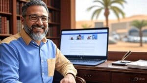 أستاذ جامعي يعمل على إنشاء موقع الأستاذ الجامعي الشخصي على اللابتوب في مكتب أكاديمي أنيق