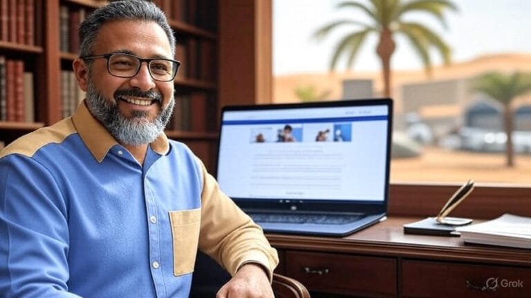 أستاذ جامعي يعمل على إنشاء موقع الأستاذ الجامعي الشخصي على اللابتوب في مكتب أكاديمي أنيق
