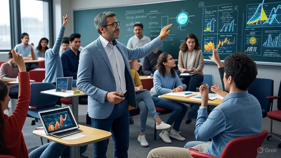 قاعة دراسية تفاعلية حيث يقوم أستاذ جامعي بتدريس الاقتصاد باستخدام عروض تقديمية مدعومة بالذكاء الاصطناعي، مع طلاب متفاعلين يستخدمون الأجهزة اللوحية لمحاكاة النماذج الاقتصادية والرسوم البيانية التفاعلية