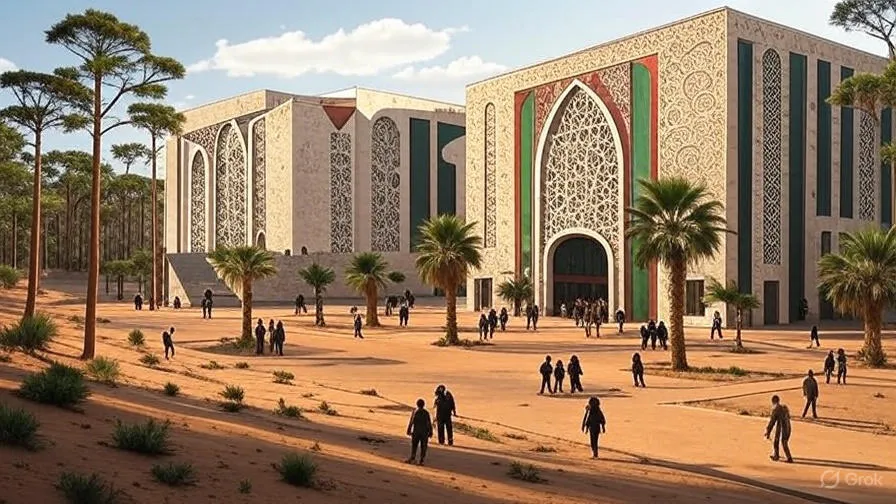 حرم جامعي عربي حديث يظهر العمارة الإسلامية المعاصرة مع الأنماط الهندسية التقليدية، حيث يتنقل الطلاب والأساتذة في بيئة أكاديمية متطورة تجمع بين التراث الثقافي والتقدم التكنولوجي