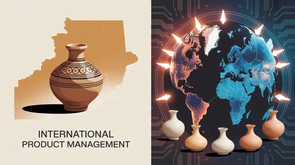مقارنة بصرية بين إدارة المنتج المحلي والدولي، تبرز تعقيدات وتنوع إدارة المنتج في الأسواق العالمية