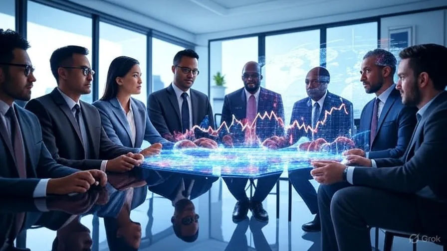 فريق عمل دولي يحلل بيانات سوق عالمية، يوضح مفهوم وأهمية بحوث التسويق الدولية في اتخاذ القرارات