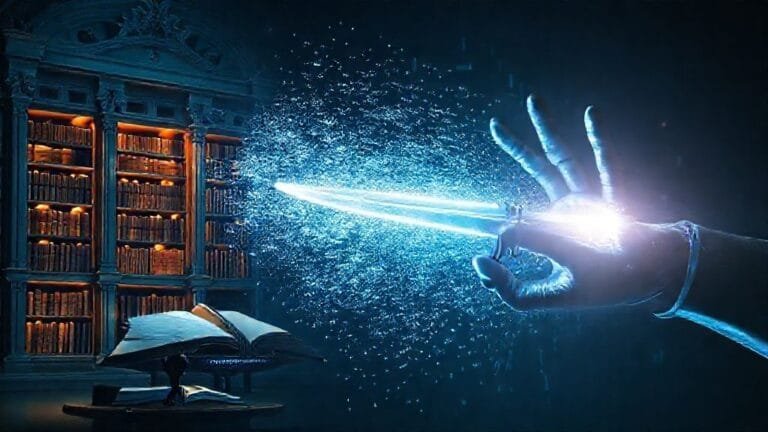 يد آلية تمسك بسيف ذي حدين أمام مكتبة، ترمز لفرص ومخاطر كتابة البحث الأكاديمي بالذكاء الاصطناعي.
