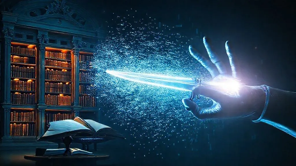 يد آلية تمسك بسيف ذي حدين أمام مكتبة، ترمز لفرص ومخاطر كتابة البحث الأكاديمي بالذكاء الاصطناعي.